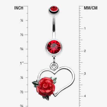 Detail View 1 of Glittering Sweet Heart with Rose Belly Button Ring-Red